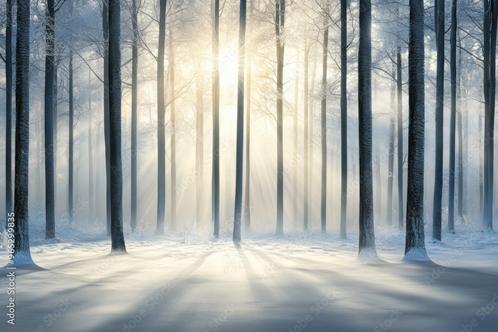 Serene winter with sunrays piercing trees Serene winter with sunrays piercing trees