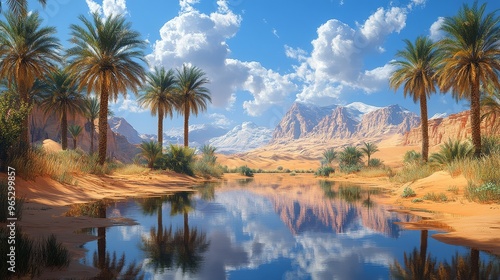 Oasis in the Desert with Palm Trees and Mountains