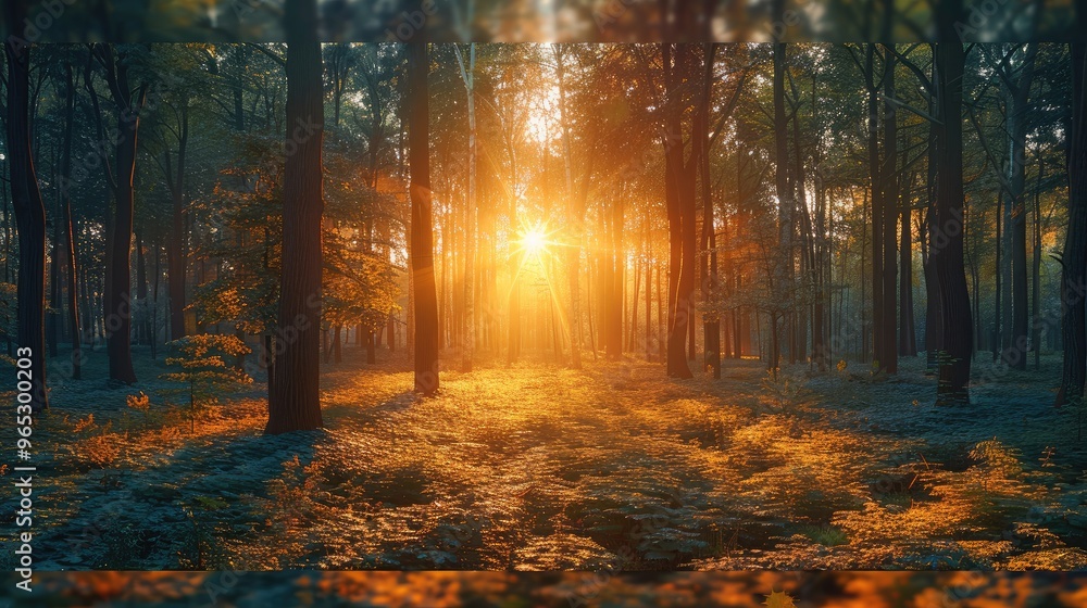 Fototapeta premium A tranquil forest clearing at sunset, with the warm light filtering through the trees and creating long shadows on the forest floor. Generative AI.