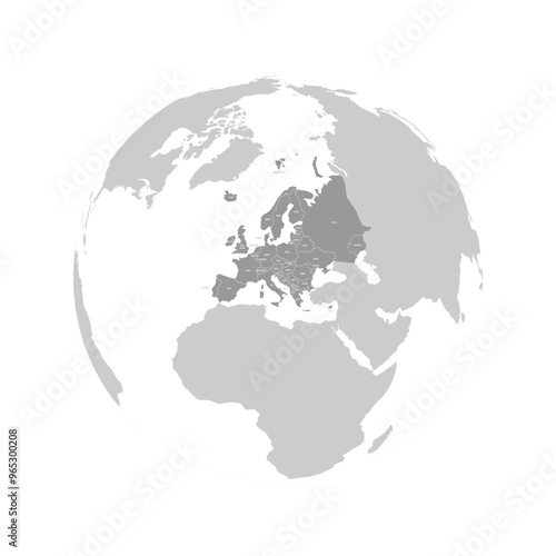 Europe continent dark blue highlighted silhouette on Earth globe. Country name labels visible. Vector illustration