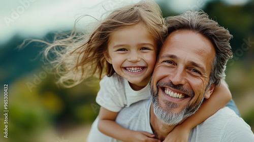 A loving father and his cheerful daughter share joyful moment outdoors, showcasing their strong bond and happiness. Their smiles radiate warmth and affection, creating heartwarming scene