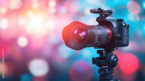 A professional video camera rests securely on a tripod, surrounded by various lights in a vibrant studio space for filming projects photo