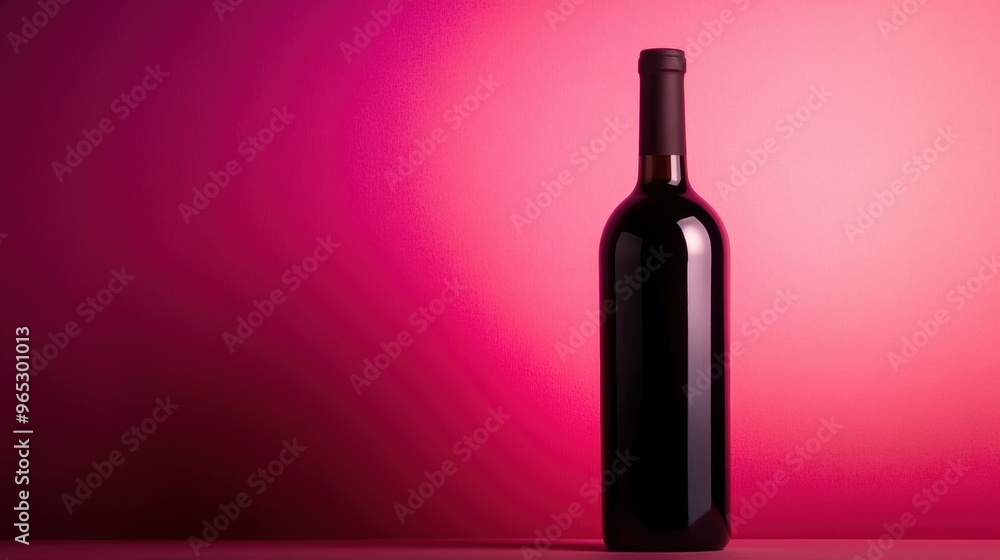 A striking red wine bottle stands tall on a smooth surface, beautifully contrasted by a vibrant pink background that enhances its features A striking red wine bottle stands tall on a smooth surface, beautifully contrasted by a vibrant pink background that enhances its features