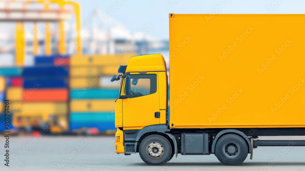 A yellow semi truck is parked at a bustling shipping port, ready to load containers and transport goods across distances A yellow semi truck is parked at a bustling shipping port, ready to load containers and transport goods across distances
