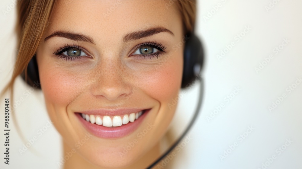 A cheerful customer service representative with a headset is providing assistance and support to clients in a bright office setting A cheerful customer service representative with a headset is providing assistance and support to clients in a bright office setting