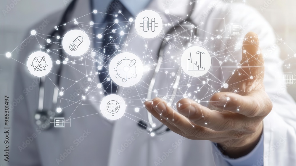 Hand of a doctor interacting with virtual white medical data symbols directly in front, futuristic global healthcare concept, no face visible, photorealistic Hand of a doctor interacting with virtual white medical data symbols directly in front, futuristic global healthcare concept, no face visible, photorealistic