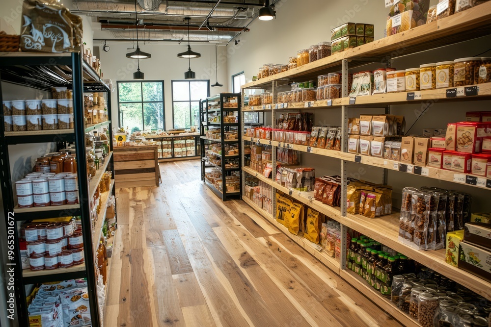 A food cooperative’s retail space showcasing local products. Shelves are stocked with goods from member farms and businesses, Generative AI A food cooperative’s retail space showcasing local products. Shelves are stocked with goods from member farms and businesses, Generative AI