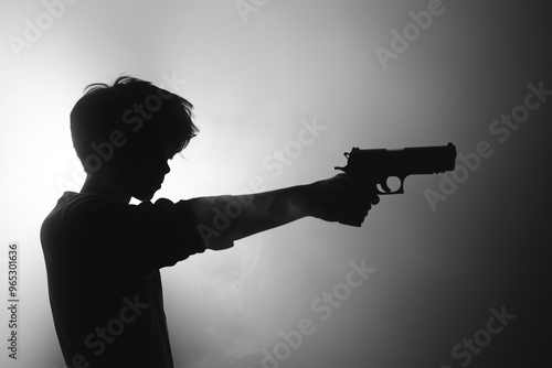 A teenage boy holding a pistol in black silhouette white background