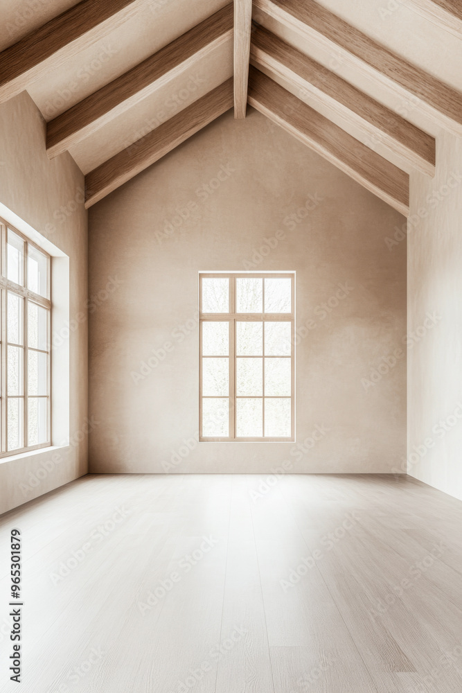 Fototapeta premium Spacious empty room with large windows, high ceilings with beans, natural lighting and beige tones