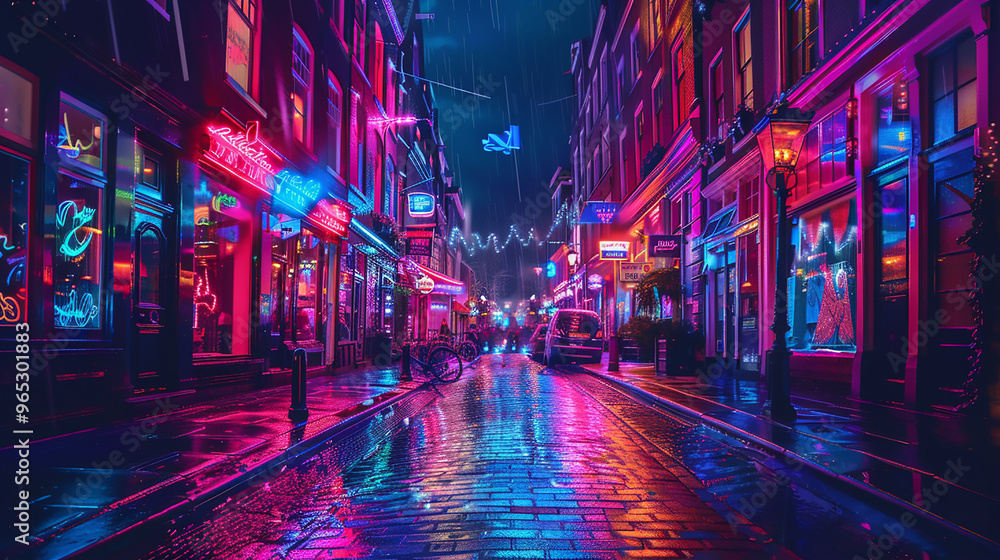 Obraz premium Vibrant neon-lit city street at night , urban, nightlife, bright, colors, electric
