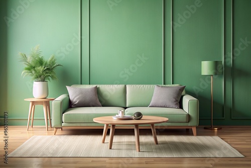 decor, relaxation, A light green sofa and a round wooden coffee table are placed against a green wall with a blank mock up frame creating a minimalist and stylish interior