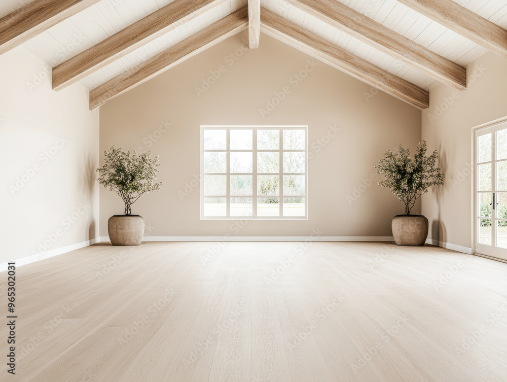 Fototapeta premium Spacious empty room with large windows, high ceilings with beans, natural lighting and beige tones