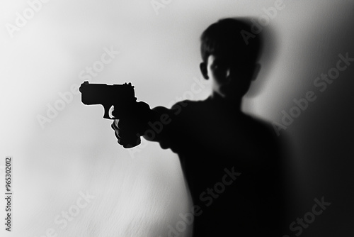 A teenage boy holding a pistol in black silhouette white background
