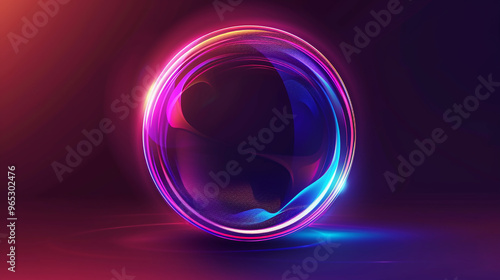 Abstract glowing sphere with colorful neon rings on a dark background 