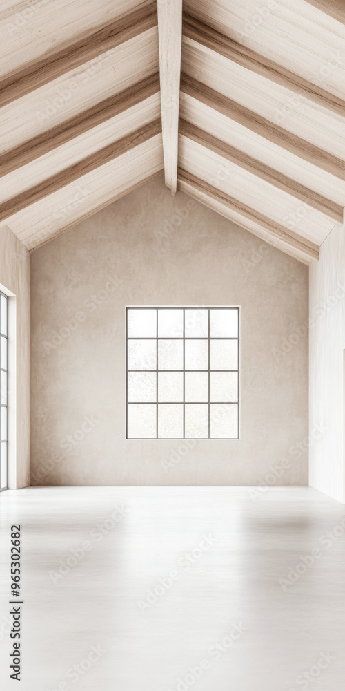 Fototapeta premium Spacious empty room with large windows, high ceilings with beans, natural lighting and beige tones