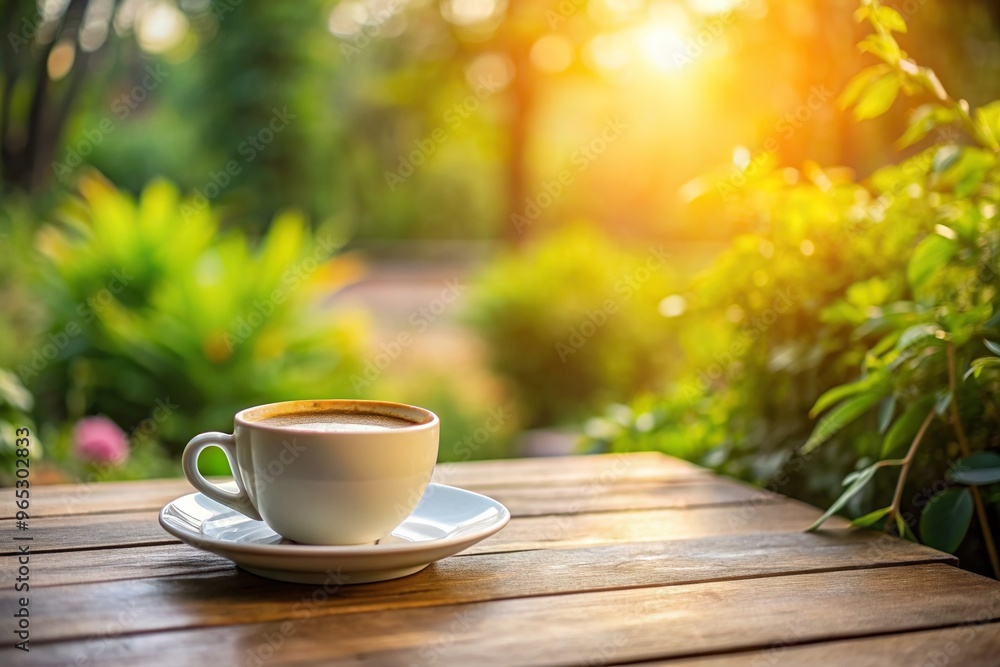 A serene morning still life photograph showcasing a beautifully arranged coffee cup on a table framed from the perspective of the viewer with ample copy space for text or graphics A serene morning still life photograph showcasing a beautifully arranged coffee cup on a table framed from the perspective of the viewer with ample copy space for text or graphics