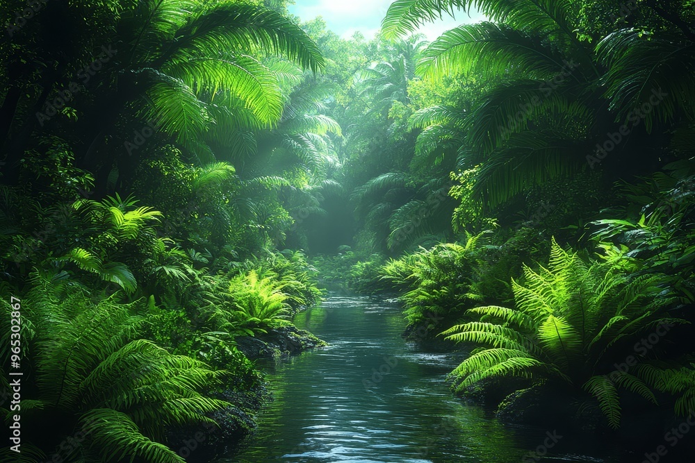 Lush Rainforest Jungle Creek Stream Sunlight Green Foliage Landscape Lush Rainforest Jungle Creek Stream Sunlight Green Foliage Landscape