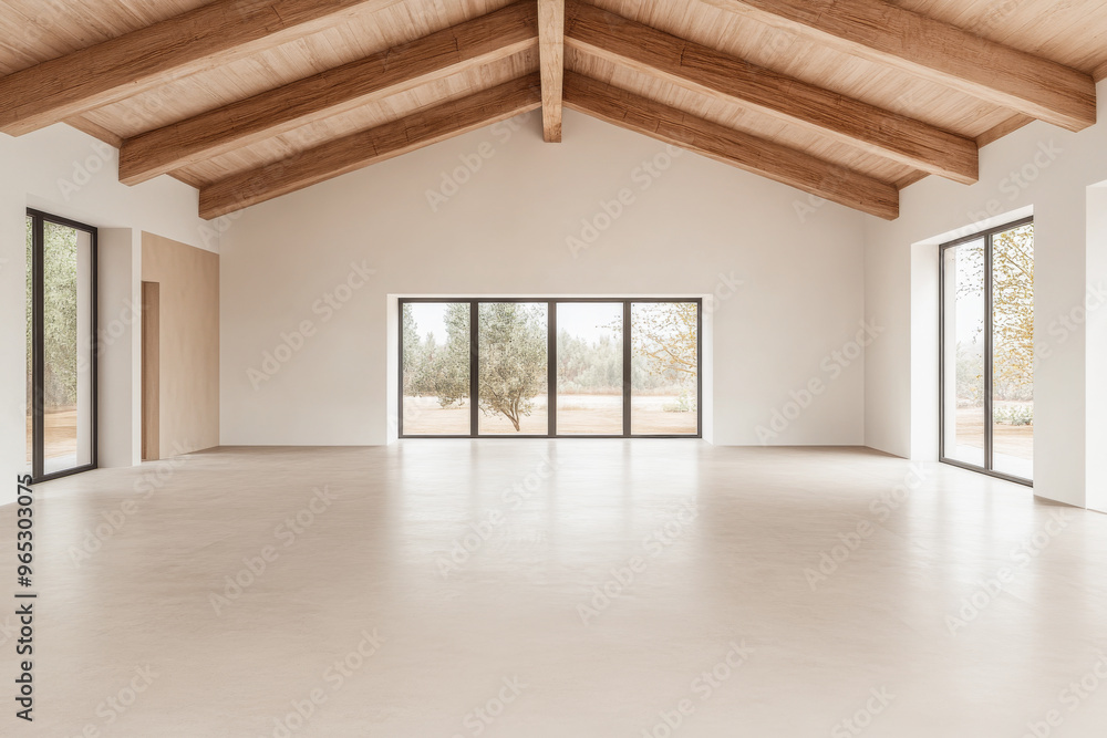 Fototapeta premium Spacious empty room with large windows, high ceilings with beans, natural lighting and beige tones