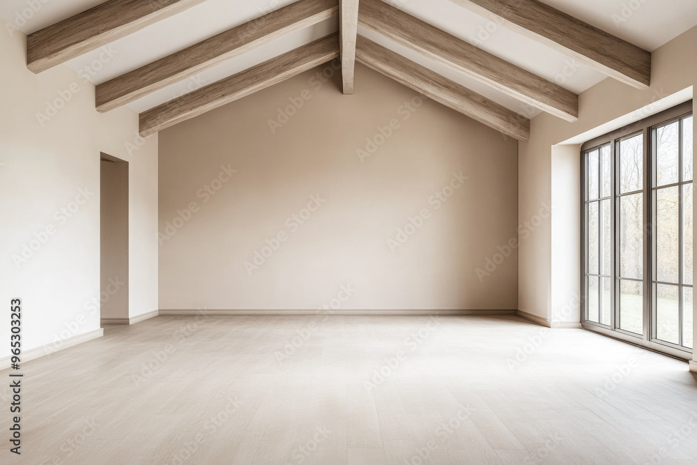Obraz premium Spacious empty room with large windows, high ceilings with beans, natural lighting and beige tones