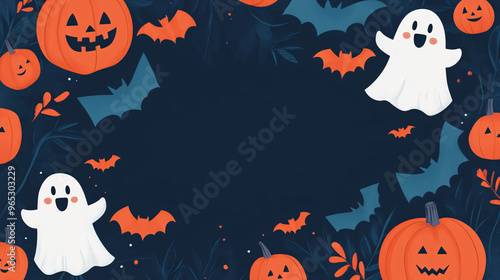 A festive Halloween backdrop featuring cheerful ghosts, pumpkins, and bats against a dark spooky background.