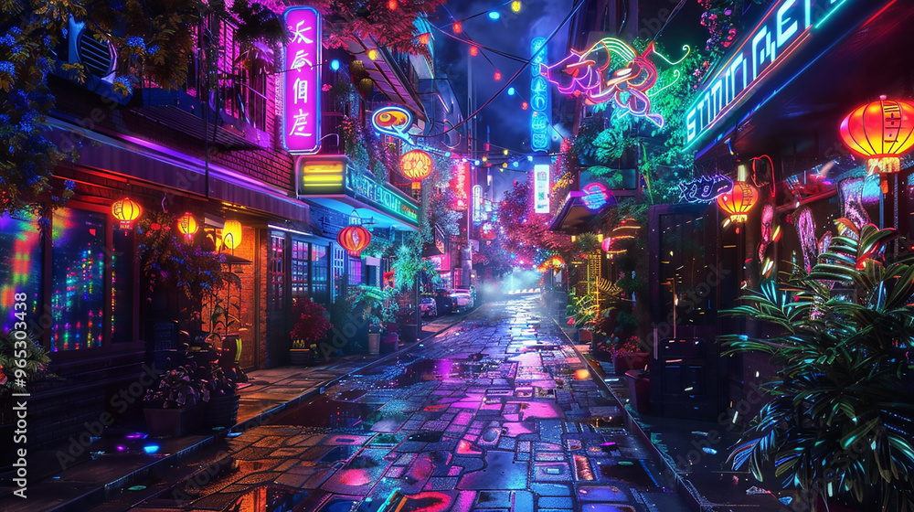 Fototapeta premium atmosphere, and blue and orange light tints Rainy Neon Cityscape Illustration Rainy Neon Cityscape Illustration 
