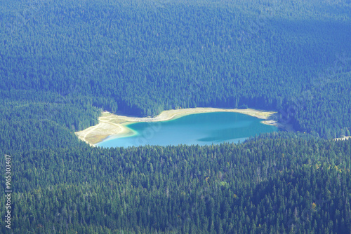 Untouched nature in northern Montenegro: aerial view of Black Lake near Zabljak. Landscape from the top of Crvena Greda in Durmitor National Park - Black Lake surrounded by pine forest. photo