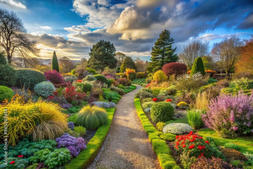 Obraz premium A beautiful English winter garden with a meandering path lined with vibrant flowers and shrubs surrounded by lush greenery and overlooking a serene cloud filled sky, high angle, winter