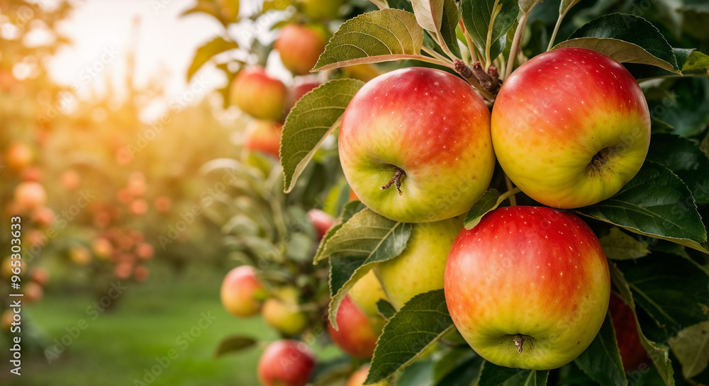 Fresh apples on tree with apple orchard background. Fresh apples on tree with apple orchard background.