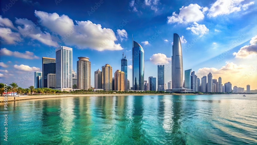 Fototapeta premium Downtown Abu Dhabi shining under the sun with the backdrop of the sea and towering skyscrapers representing a sunny summer in the UAE, high-rise, summer, skyline, buildings, tourism, vibrant