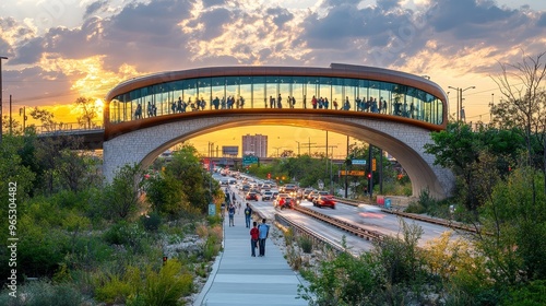 Pedestrian Bridge Over Busy City Street at Sunset