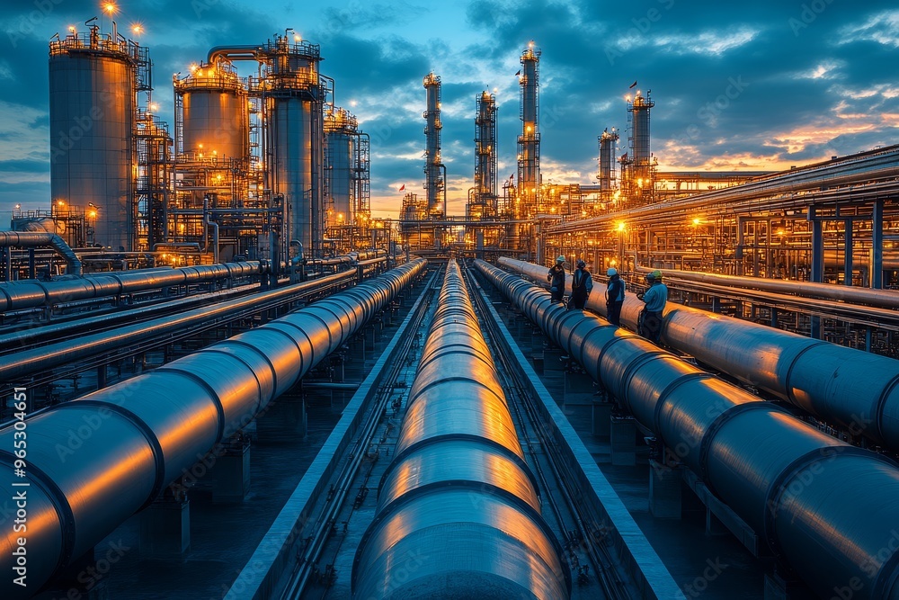 Industrial Pipeline Network at Dusk with Workers Industrial Pipeline Network at Dusk with Workers