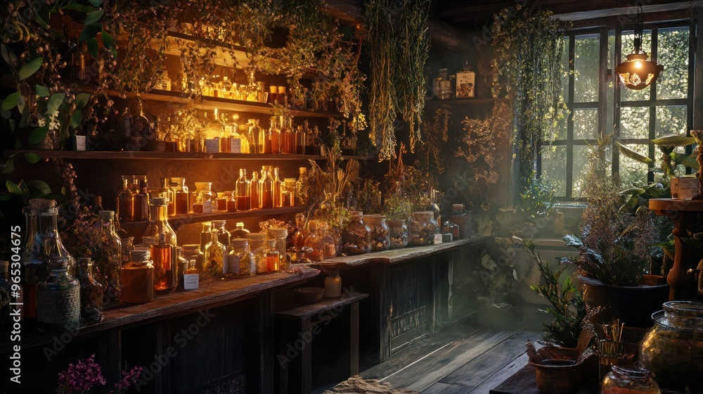 A Mystical Apothecary Filled With Herbs and Potions A Mystical Apothecary Filled With Herbs and Potions