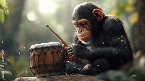 A lively chimpanzee drumming on a log, surrounded by dense jungle foliage.