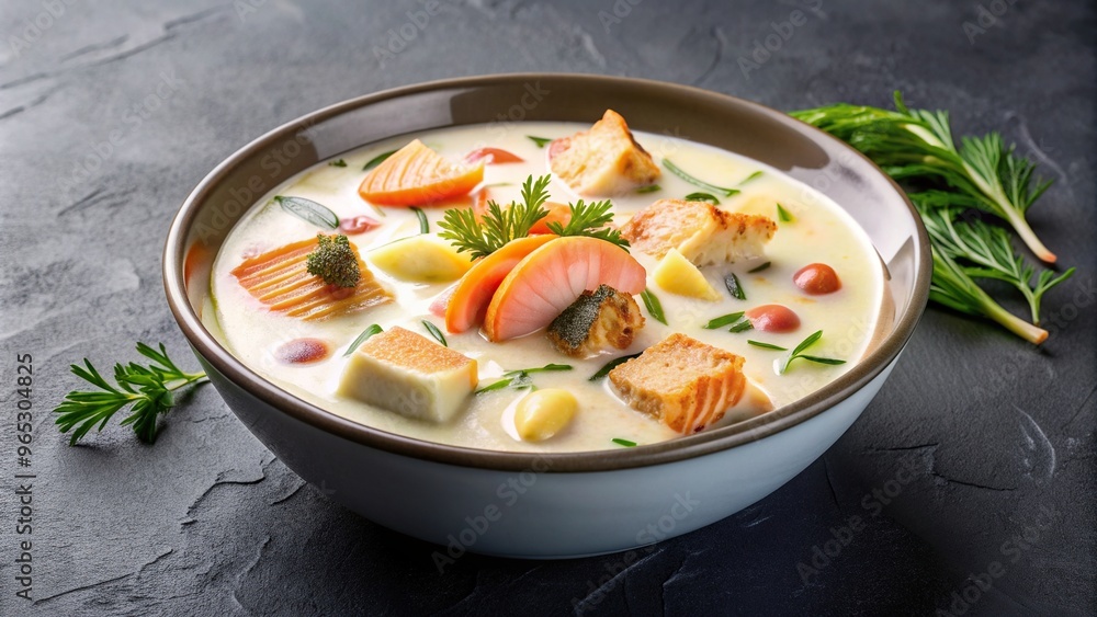 salmon, food, presentation, A symmetrical and visually appealing stock photo of a creamy fish soup with chunks of salmon and assorted seafood presented on a dark background salmon, food, presentation, A symmetrical and visually appealing stock photo of a creamy fish soup with chunks of salmon and assorted seafood presented on a dark background