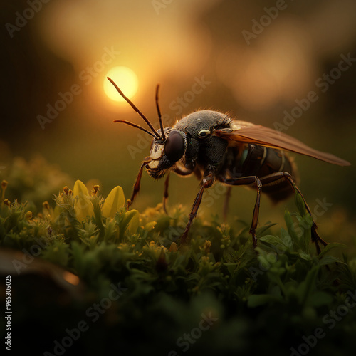 Ilustracja makro przedstawiająca owada siedzącego na trawie o zachodzie słońca.  photo