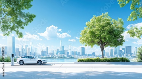 A serene cityscape featuring a modern car parked beside a lush tree with a vibrant skyline in the background under a clear blue sky.