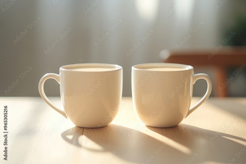 Two White Coffee Mugs with Beige Liquid on a Wooden Table Two White Coffee Mugs with Beige Liquid on a Wooden Table