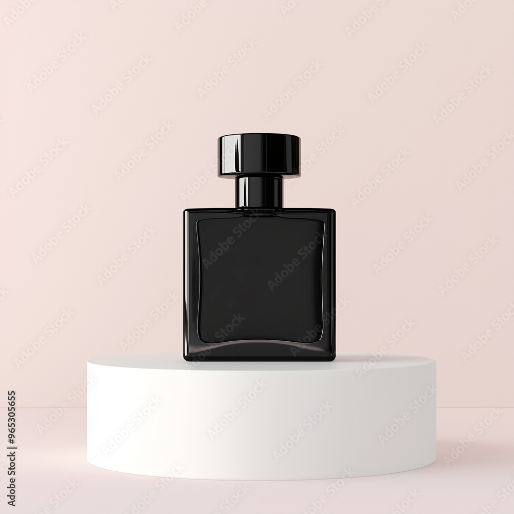 Mockup front view of black square perfume bottle standing on white podium, pastel background, Ai generated images Mockup front view of black square perfume bottle standing on white podium, pastel background, Ai generated images