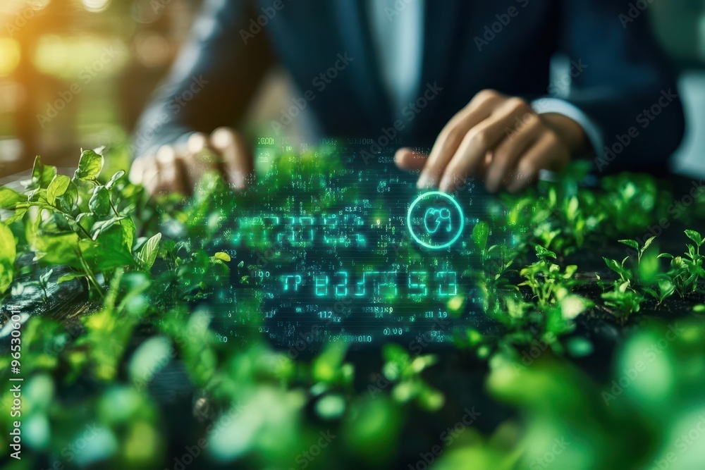Sustainable business concept with a digital display of CO2 emissions being reduced as a businessman takes action Sustainable business concept with a digital display of CO2 emissions being reduced as a businessman takes action