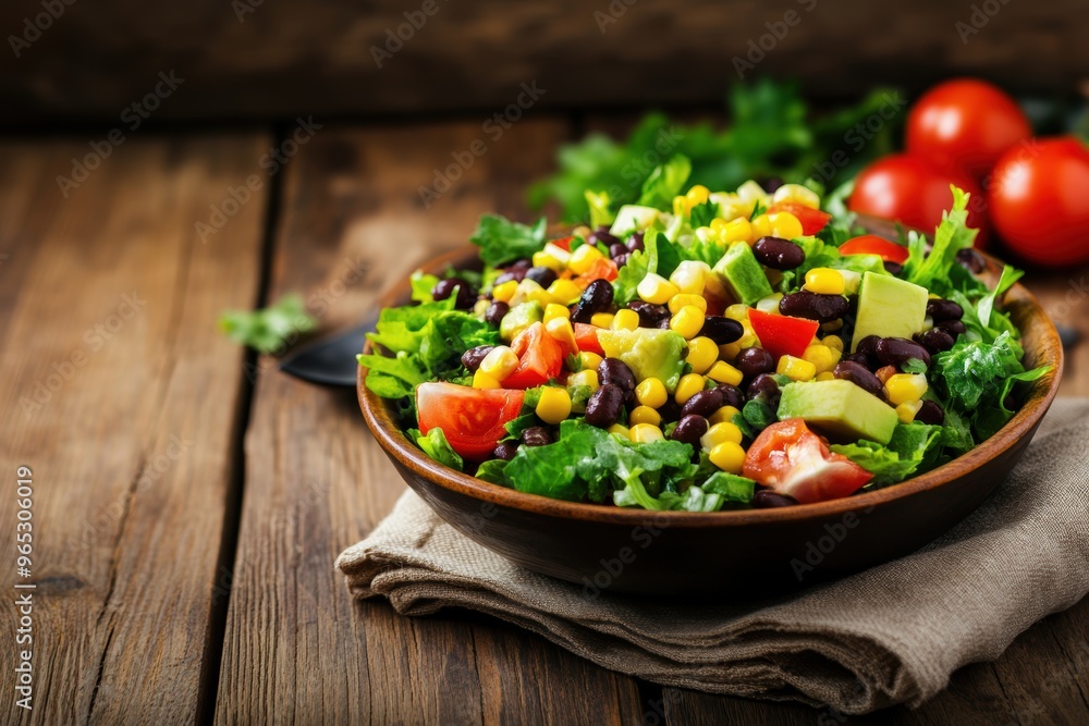 Colorful vegan salad in wooden bowl on rustic table Colorful vegan salad in wooden bowl on rustic table