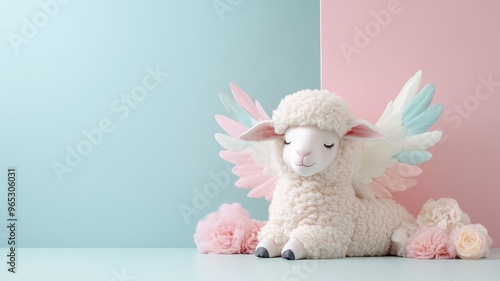 A sheep with fluffy wings and a rainbow background, adding a touch of whimsy and fantasy to its gentle appearance. photo