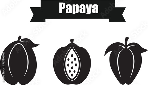 Papaya Flat Black Silhouette Vector Art Bundle
