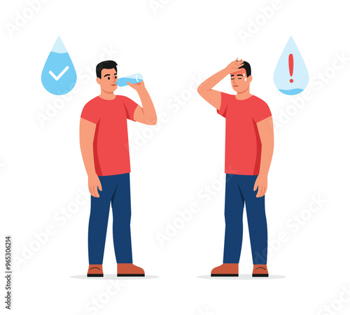 Vector illustration of a man with a thirst and quenched his thirst. Cartoon scenes of a man holding a bottle of water and drinking water and a man with drops of sweat wanting to drink. Drops of water.