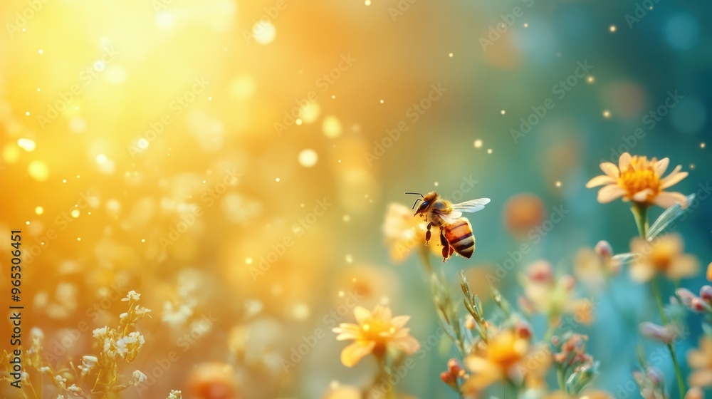 Naklejka premium Bee in Flight Over Yellow Flowers.