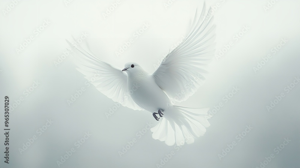 Obraz premium Free flying white pigeon on white background.