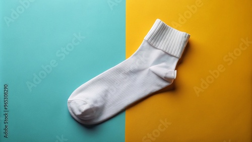 A blank white sock lies flat on a contrasting colored background, allowing for easy customization and addition of photo