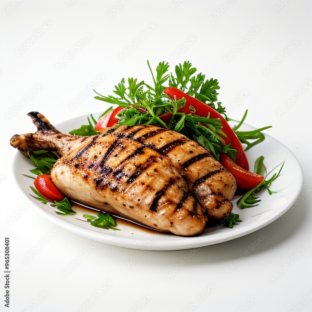 Grilled whole chicken with garnish on white plate.. Grilled whole chicken with garnish on white plate..