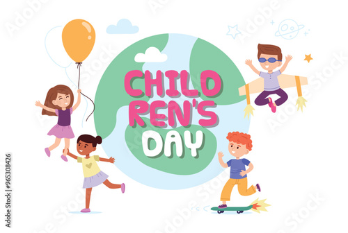 Vector illustration of International Children's Day. Cartoon scene of the planet with the inscription Children's Day, joyful children: girls with a balloon,holding a leg, boys on a skate, a rocket.