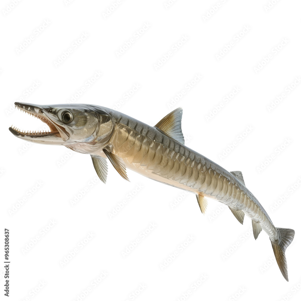 A detailed view of a sturgeon showcasing its sharp teeth and streamlined body against a plain background A detailed view of a sturgeon showcasing its sharp teeth and streamlined body against a plain background