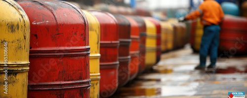 Wallpaper Mural A man is walking in front of a row of yellow and red barrels. The barrels are stacked in a row and appear to be old Torontodigital.ca